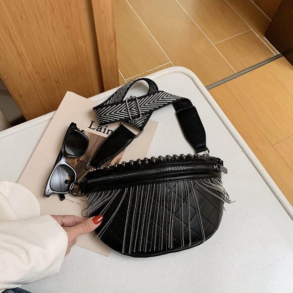 ? Glt.etl Faux leather Fringe Women Black Chest Quilted Rivet Tassel Waist Bag main image 4
